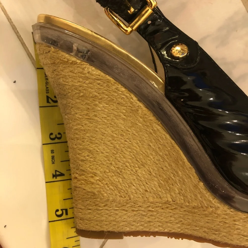 MICHAEL Michael Kors Black Patent Leather Wedge Sandals Espadrille Gold Stud 8.5